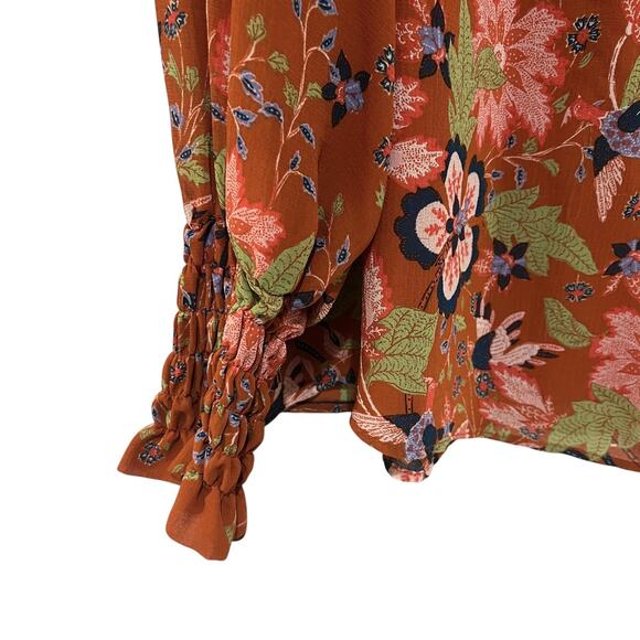 Anthropologie Womens Floral Chiffon Top Large Burnt Orange Floral Long Sleeve - Picture 8 of 13